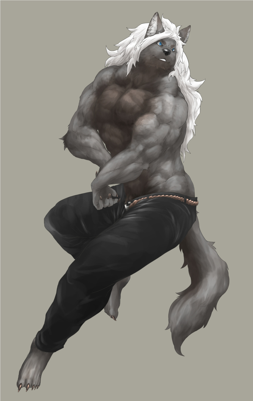 anthro biceps black_fur black_nose blue_eyes canine captainjohkid clothed clothing flexing fur grey_background grey_fur hair half-dressed jo long_hair male mammal muscles pecs plain_background pose smile solo teeth topless white_hair