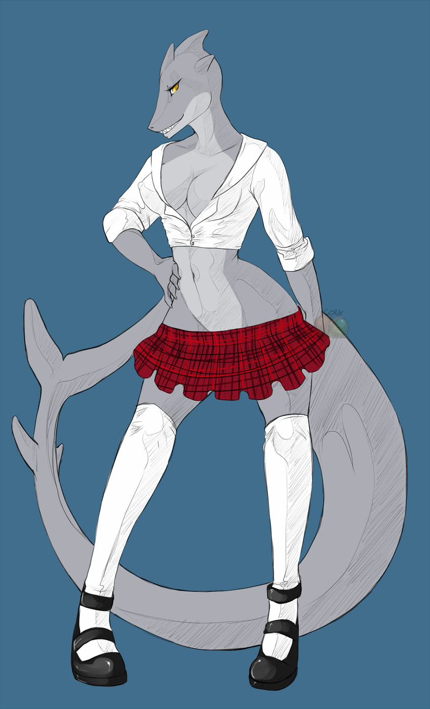 anthro breasts clothed clothing female fish looking_at_viewer marine nyjasca pinup pose schoolgirl shark skimpy solo uniform