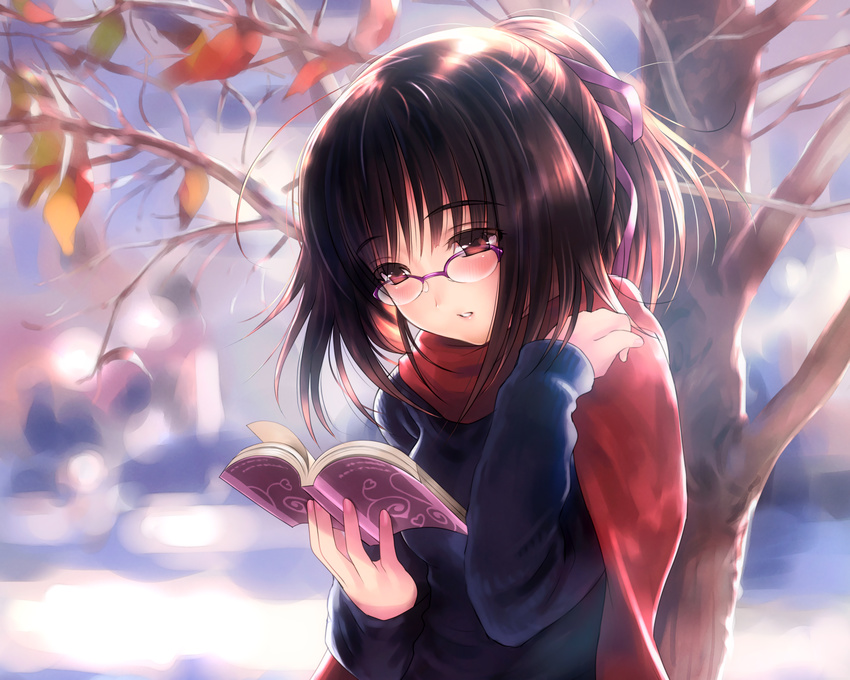 autumn blush book brown_eyes brown_hair glasses goto_p leaves original red_eyes scarf short_hair tree