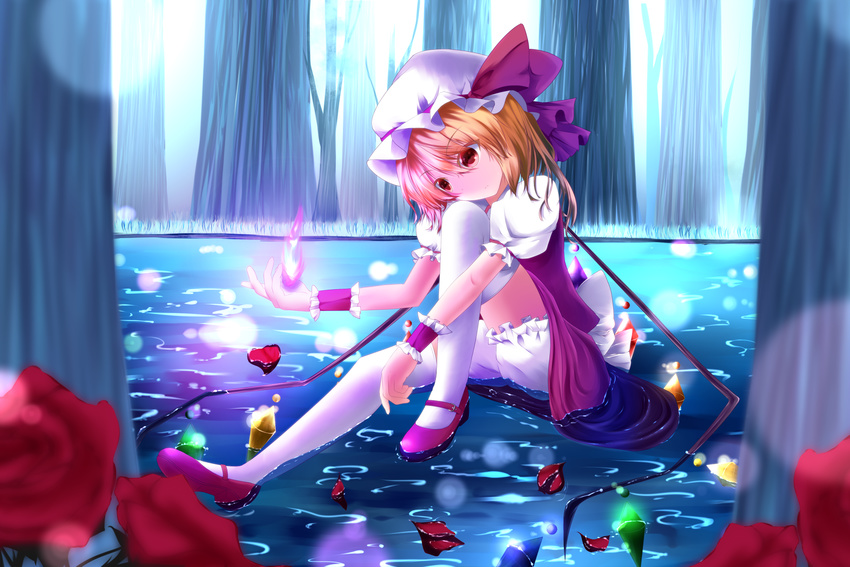 aru blonde_hair bow fire flandre_scarlet flowers fog forest grass hat petals rose short_hair tagme thighhighs touhou tree water wings