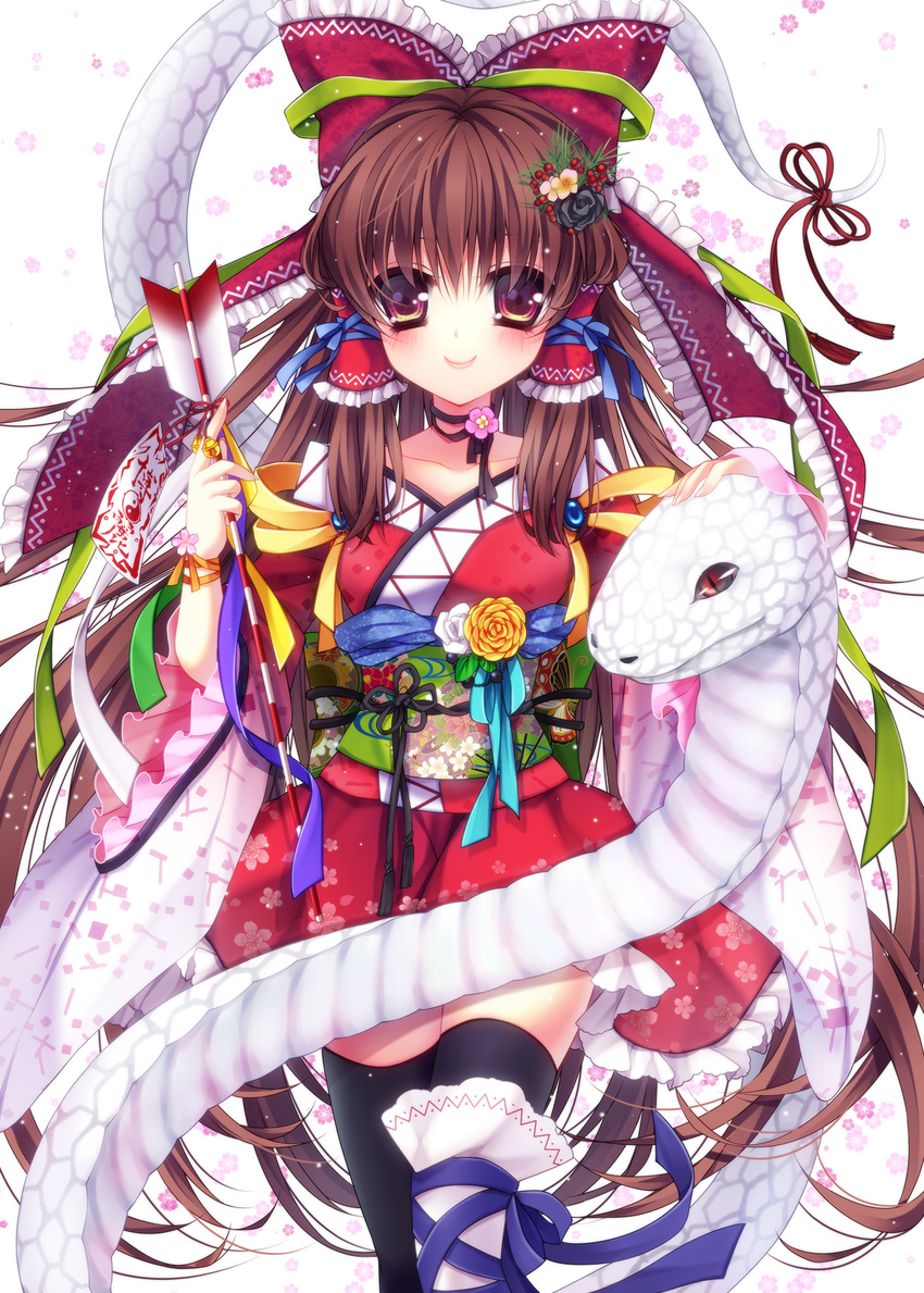 :0 arrow bad_id bad_pixiv_id black_choker black_legwear bow brown_eyes brown_hair choker floral_print flower frills hair_bow hair_flower hair_ornament hair_tubes hakurei_reimu hamaya highres japanese_clothes kimono lolita_fashion long_hair mikazuki_sara new_year ofuda ribbon ribbon_choker snake thigh_ribbon thighhighs touhou very_long_hair wa_lolita wrist_ribbon