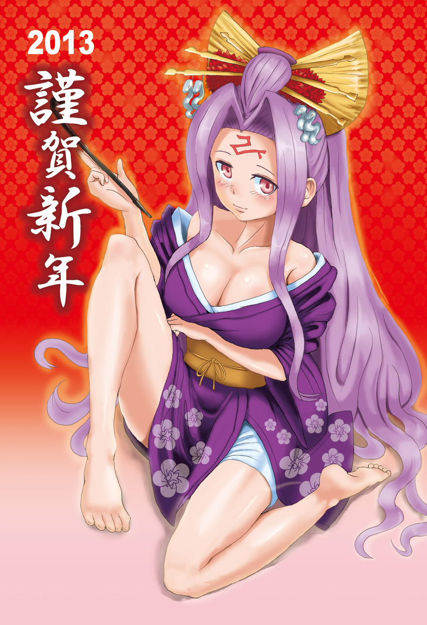 2013 barefoot blush breasts cleavage facial_mark fate/stay_night fate_(series) floral_print forehead_mark full_body hair_ornament hair_stick hair_up highres japanese_clothes jingoro kimono kiseru knee_up large_breasts long_hair long_sleeves looking_at_viewer new_year pipe purple_hair red_background red_eyes rider simple_background sitting soles solo toes yuujo