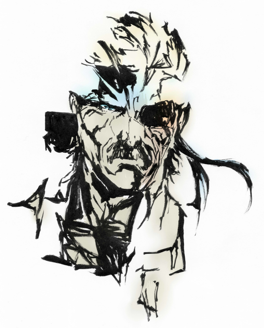 absurdres blue_eyes calligraphy_brush_(medium) eyepatch facial_hair headband highres male_focus metal_gear_(series) metal_gear_solid_4 monochrome mustache official_style old_snake shinkawa_youji_(style) shirokuro_uddo solo traditional_media upper_body