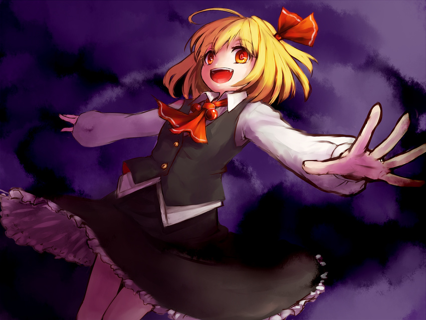 :d ahoge ascot blonde_hair darkness hair_ribbon long_sleeves nora_(le-chat-noir) open_mouth outstretched_arms outstretched_hand red_eyes ribbon rumia short_hair skirt skirt_set smile solo touhou