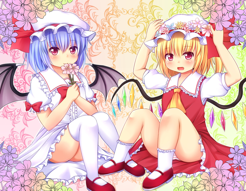 ascot bat_wings blonde_hair blue_hair blush dress fang flandre_scarlet flower hat hat_flower hat_ribbon heart highres looking_at_viewer multiple_girls open_mouth panties pantyshot pantyshot_(sitting) pink_dress pink_eyes pink_panties puffy_sleeves red_dress remilia_scarlet rena_(riries) ribbon short_hair short_sleeves siblings side_ponytail sisters sitting smile striped striped_panties touhou underwear white_panties wings