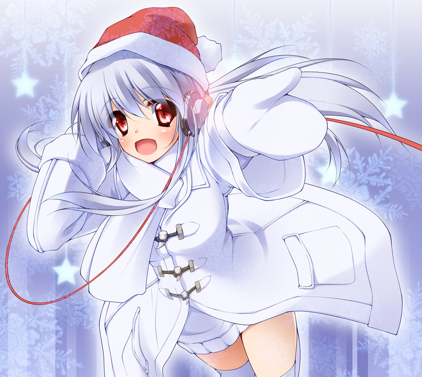 blush cable coat dress hat headphones long_hair midoriiro_no_shinzou mittens open_mouth original outstretched_hand red_eyes santa_hat scarf silver_hair sweater sweater_dress thighhighs white_legwear white_scarf winter_clothes zettai_ryouiki
