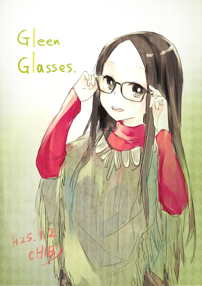 adjusting_eyewear alliteration bad_id bad_pixiv_id black_eyes black_hair chibiibiru engrish forehead glasses hairband highres long_hair original poncho ranguage self-portrait solo sweater turtleneck