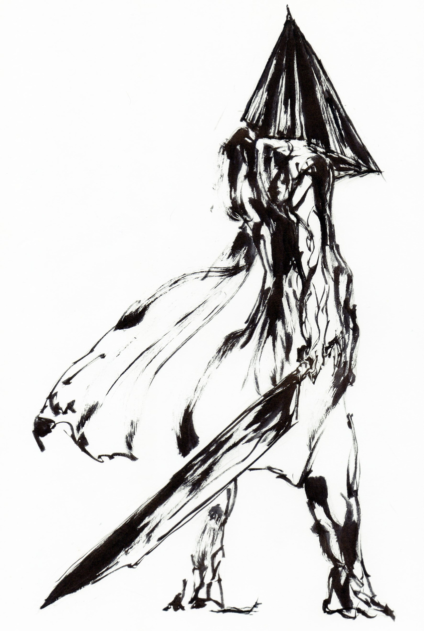 absurdres calligraphy_brush_(medium) great_knife highres male_focus monochrome pyramid_head shinkawa_youji_(style) shirokuro_uddo silent_hill silent_hill_2 solo sword traditional_media weapon