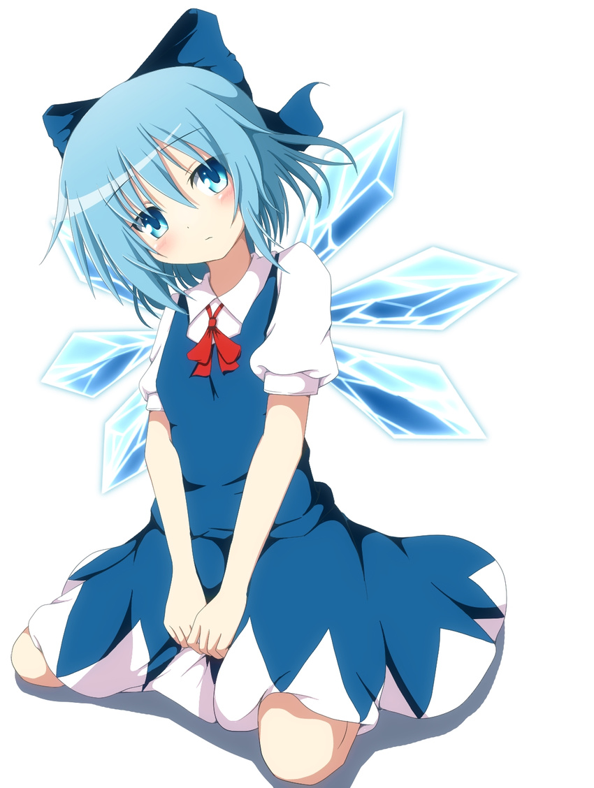 blue_dress blue_eyes blue_hair bow cirno do_(4-rt) dress hair_bow highres short_hair sitting solo touhou wings