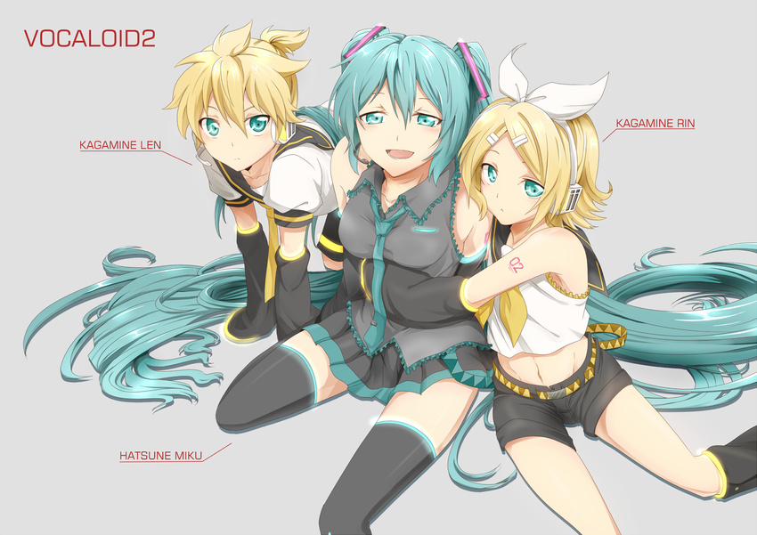2girls all_fours aqua_eyes aqua_hair belt blonde_hair brother_and_sister character_name detached_sleeves hair_ribbon hatsune_miku headphones headset highres hug kagamine_len kagamine_rin kneehighs long_hair looking_at_viewer midriff multiple_girls navel necktie open_mouth ribbon rumia_(compacthuman) shorts siblings simple_background skirt thighhighs twintails very_long_hair vocaloid
