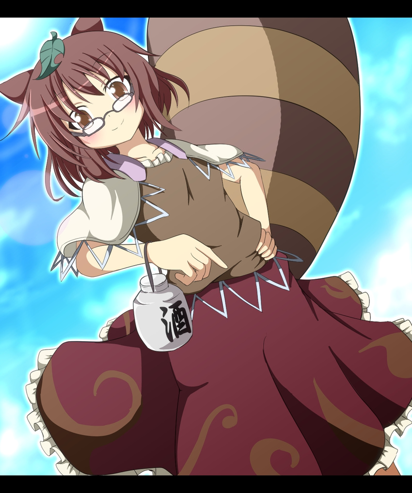 animal_ears brown_eyes brown_hair do_(4-rt) futatsuiwa_mamizou glasses hand_on_hip highres jug leaf leaf_on_head raccoon_ears raccoon_tail short_hair skirt smile solo tail touhou