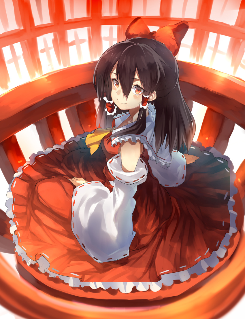 ascot bad_id bad_pixiv_id bare_shoulders bow brown_eyes brown_hair detached_sleeves hair_bow hair_tubes hajime_kaname hakurei_reimu highres looking_back short_hair solo touhou