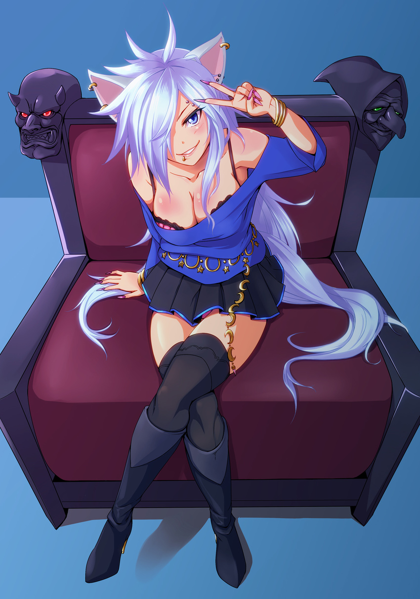 animal_ears black_legwear blue_background blue_eyes boots bracelet breasts chair cleavage crossed_legs eyebrow_piercing fingernails full_body genderswap genderswap_(mtf) hair_over_one_eye highres jewelry lip_piercing long_fingernails long_hair medium_breasts miniskirt personification piercing precure sharp_fingernails sitting skirt smile smile_precure! solo thighhighs very_long_hair white_hair wolf_ears wolfrun zeku_(furrock) zettai_ryouiki