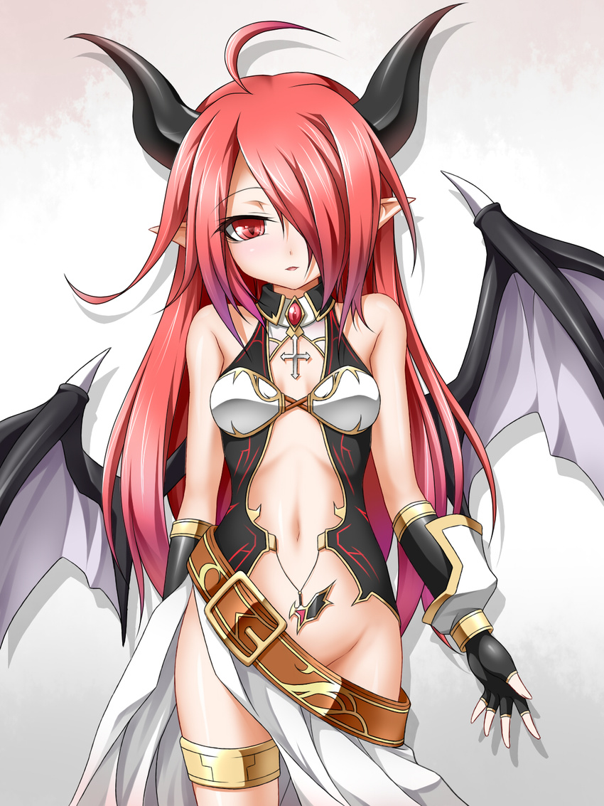 ahoge bare_shoulders bat_wings brooch cross fingerless_gloves gloves groin hair_over_one_eye highres horns jewelry long_hair navel no_pants original pointy_ears red_eyes red_hair roura skirt solo wings