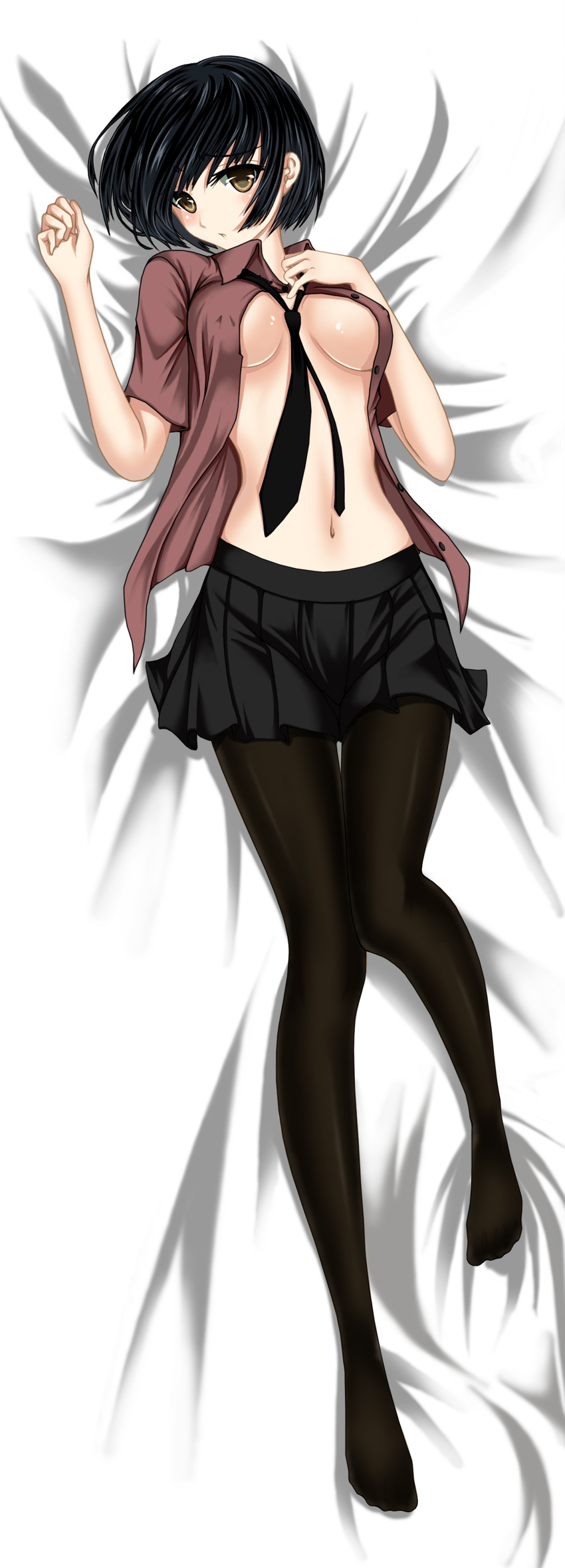 absurdres between_breasts black_hair black_legwear breasts cleavage copyright_request covered_nipples dakimakura full_body highres lying medium_breasts necktie no_bra open_clothes open_shirt pantyhose school_uniform shirt short_hair simadu-kazuhisa solo