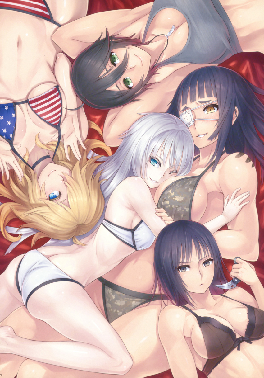 5girls :&lt; ;3 absurdres ahoge america american_flag_bikini arms_behind_head ass barefoot bikini black_eyes black_hair blonde_hair blue_eyes blush breasts camouflage camouflage_bikini chequita choker crop_top eyepatch feathers flag_print green_eyes hair_between_eyes hair_over_one_eye highres jewelry jormungand karambit karen_low knife koko_hekmatyar large_breasts long_hair looking_at_viewer multiple_girls navel necklace one_eye_closed reverse_grip schokolade short_hair silver_hair smile sofia_valmer source_request swimsuit tank_top underwear underwear_only weapon yellow_eyes yuri