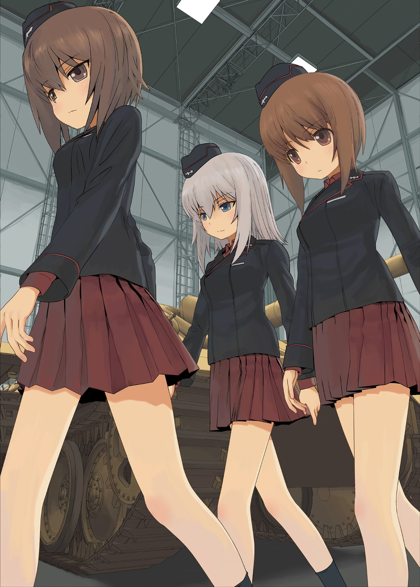 bangs black_jacket black_legwear blue_eyes blush brown_eyes brown_hair caterpillar_tracks dress_shirt from_below garrison_cap girls_und_panzer ground_vehicle hat highres itsumi_erika jacket jagdpanther kuromorimine_military_uniform long_hair long_sleeves military military_uniform military_vehicle miniskirt mocha_(snowflake) motor_vehicle multiple_girls nishizumi_maho nishizumi_miho pleated_skirt red_shirt red_skirt shirt short_hair silver_hair skirt socks tank uniform