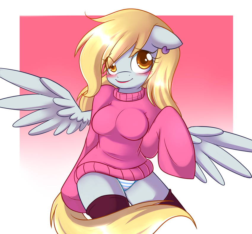 anthrofied blonde_hair blush corruptdezzy corrupteddiscipline derpy_hooves_(mlp) ear_piercing equine female friendship_is_magic hair legwear lipstick mammal my_little_pony panties pegasus piercing solo stockings striped_panties sweater underwear wings yellow_eyes