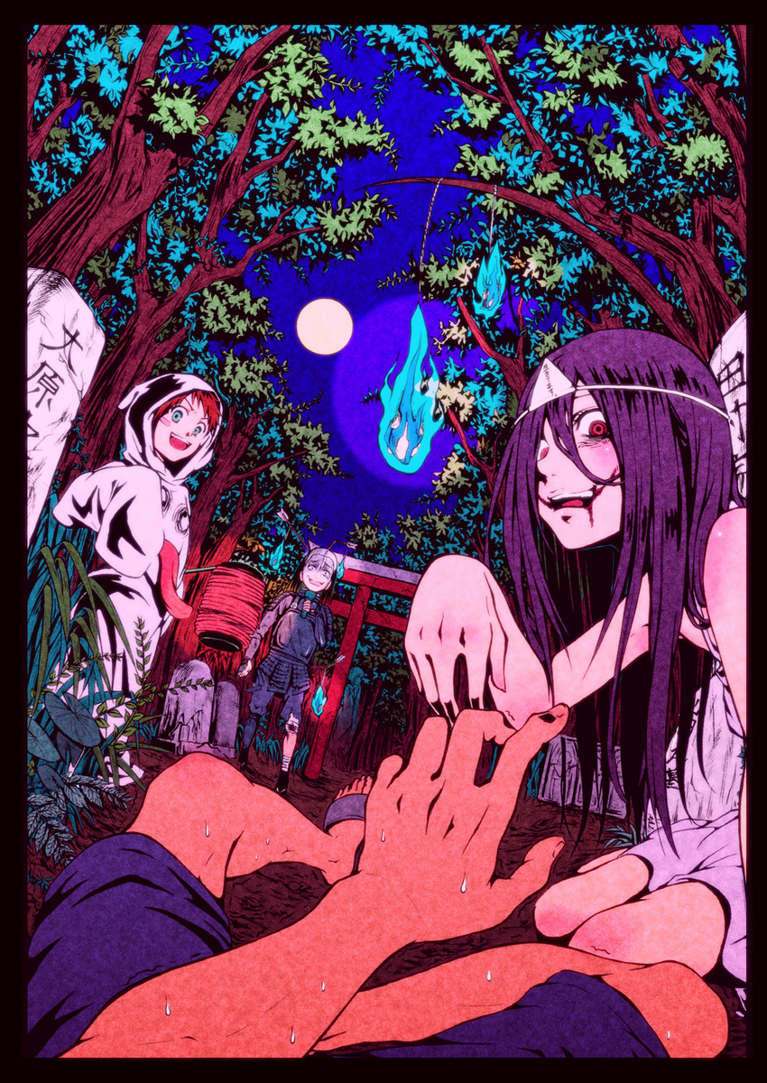 2girls absurdres blood blood_on_face blue_fire blush_stickers fire flat_color floating forest full_moon highres looking_at_viewer moon multiple_boys multiple_girls nature night nora_wanko open_mouth original plant pov smile tree