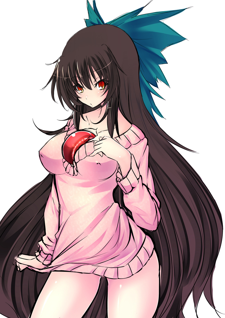 :o absurdres blush bottomless bow breasts brown_hair covered_nipples hair_bow highres inu3 large_breasts long_hair naked_sweater no_pants red_hair reiuji_utsuho shirt_tug solo sweater third_eye touhou very_long_hair