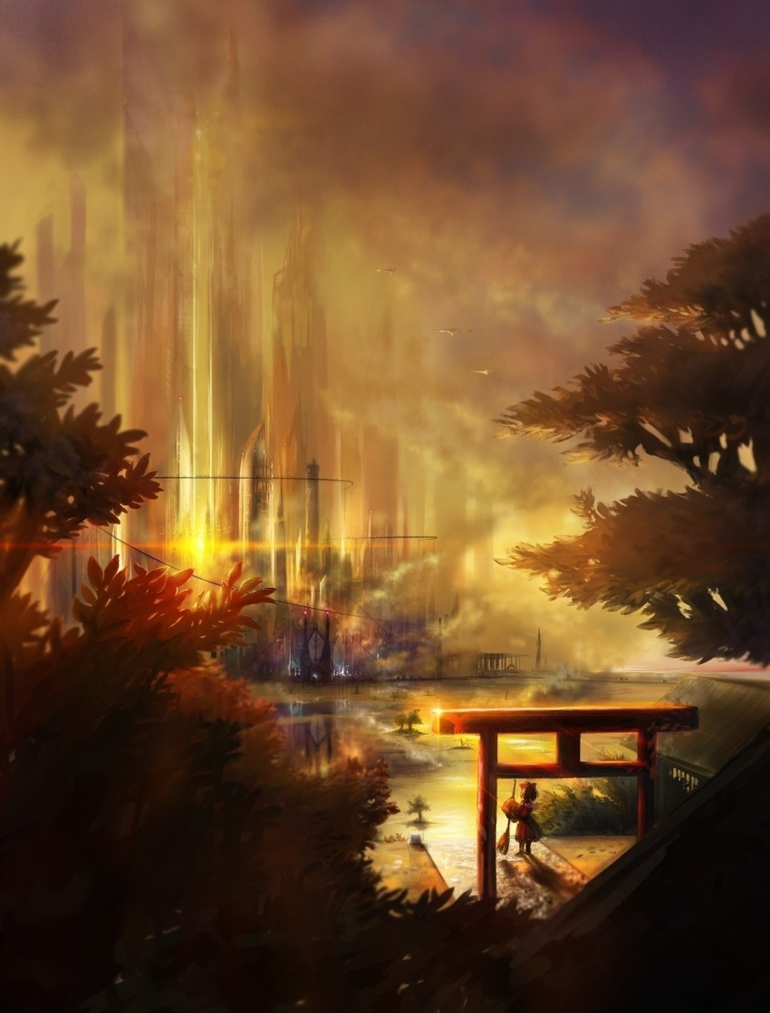 aircraft bridge broom building city cropped daisen fog hakurei_reimu highres japanese_clothes miko scenery skyscraper solo temple touhou tree