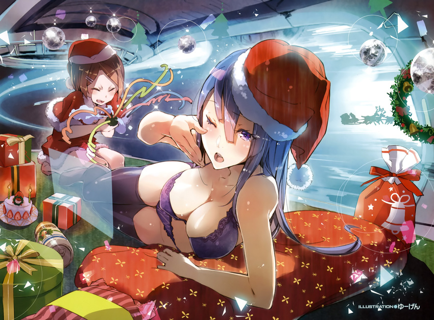 ;o absurdres bare_shoulders black_legwear box bra breasts brown_hair cake capelet christmas cleavage closed_eyes dengeki_moeou dutch_angle food fur_trim gift gift_box hair_ornament hairclip hat highres large_breasts long_hair lying multiple_girls on_side one_eye_closed original panties party_popper purple_bra purple_eyes purple_hair purple_panties reindeer santa_hat scan seiza short_hair silhouette sitting sleigh space_craft thighhighs underwear underwear_only wreath yuugen