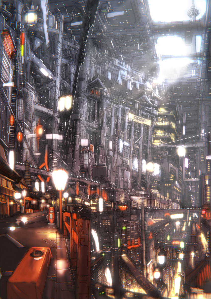 bridge city city_lights highres kyoto lamppost midorimushi-kai neon_lights no_humans original scenery science_fiction