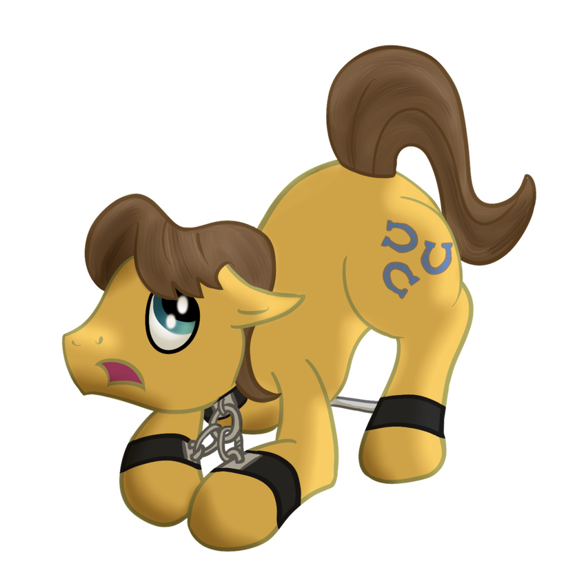 bdsm bondage bound caramel_(mlp) collar cuffs cutie_mark equine feral friendship_is_magic ginger-dilettante horse male mammal my_little_pony open_mouth plain_background pony solo spreader_bar spreading suprised surprise transparent_background