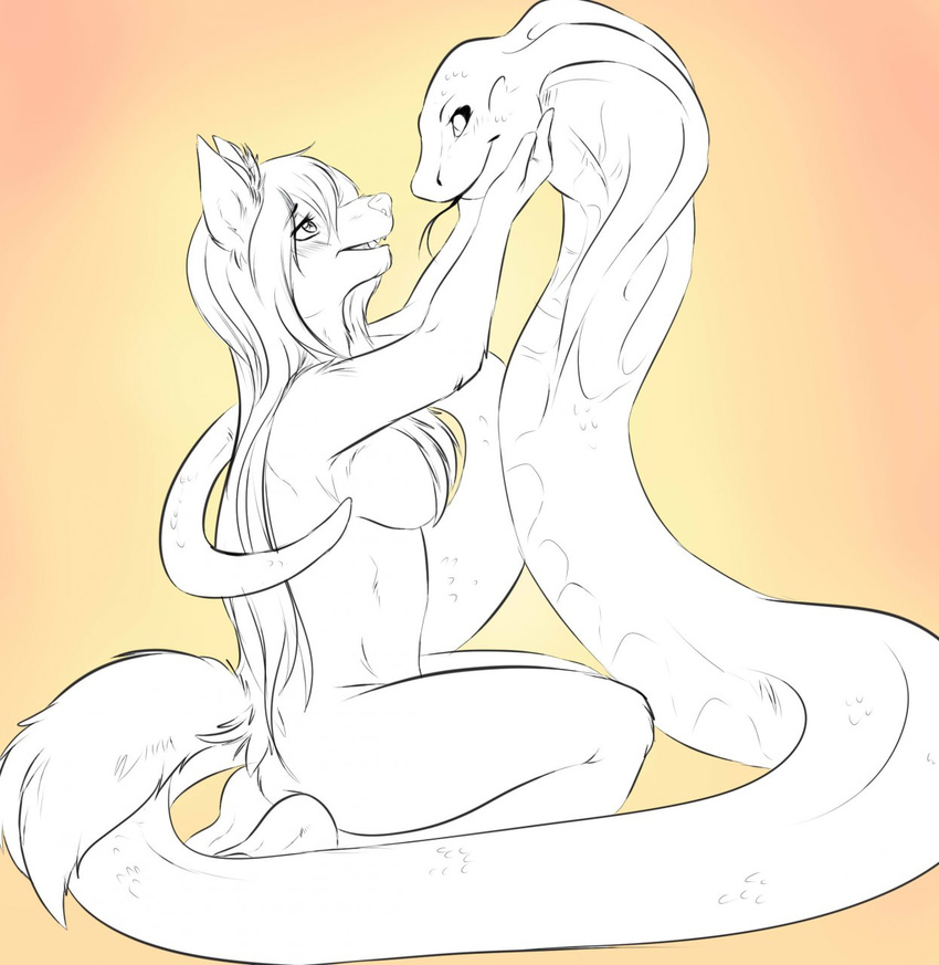 ambiguous_gender anthro blush breasts canine duo eye_contact female feral forked_tongue hair kneeling long-hair long_hair mammal plain_background reptile scalie simple_background snake tartii tongue tongue_out yellow_background