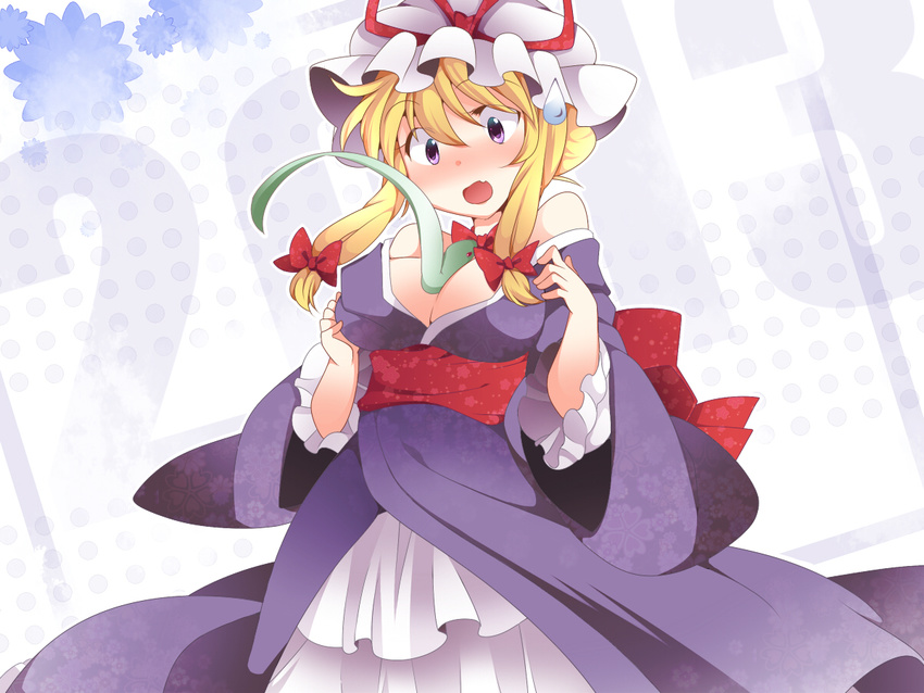 2013 adapted_costume bad_id bad_pixiv_id bare_shoulders between_breasts blonde_hair blush bow breasts cleavage frills hair_bow hammer_(sunset_beach) hat japanese_clothes kimono large_breasts long_hair mob_cap new_year obi open_mouth purple_eyes sash snake solo surprised sweatdrop touhou yakumo_yukari