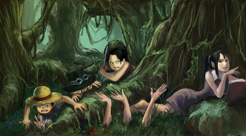 3boys black_hair blonde_hair book brown_eyes extra_arms flower freckles goggles goggles_on_headwear hat hiding jungle lead_pipe levianee lying monkey_d_luffy multiple_boys nature nico_robin one_piece ponytail portgas_d_ace reading sabo_(one_piece) scar short_hair straw_hat top_hat younger