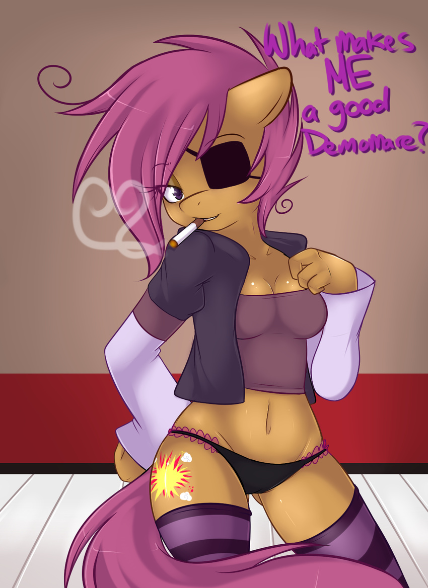 anthrofied breasts camel_toe cigarette corruptdezzy corrupteddiscipline cutie_mark demoloo demoman equine eye_patch eyewear female friendship_is_magic hair horse legwear mammal my_little_pony panties pony purple_eyes purple_hair scootaloo_(mlp) smoke solo stockings striped_stockings team_fortress_2 underwear