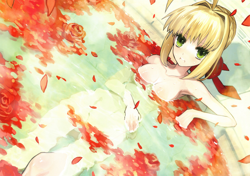 absurdres ahoge bath blonde_hair braid breasts censored cleavage convenient_censoring fate/extra fate_(series) green_eyes hair_bun hair_ribbon highres looking_at_viewer medium_breasts nero_claudius_(fate) nero_claudius_(fate)_(all) nude official_art open_mouth petals ribbon rose_petals solo wada_aruko water wet