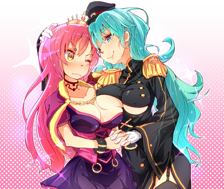 aqua_hair blue_eyes blush breast_press breasts cleavage crown dress epaulettes hat hato_haru highres holding_hands imagawa_yoshimoto_(sengoku_collection) large_breasts long_hair multiple_girls oda_nobunaga_(sengoku_collection) one_eye_closed pink_hair sengoku_collection smile tears underboob_cutout very_long_hair wavy_mouth wince yellow_eyes