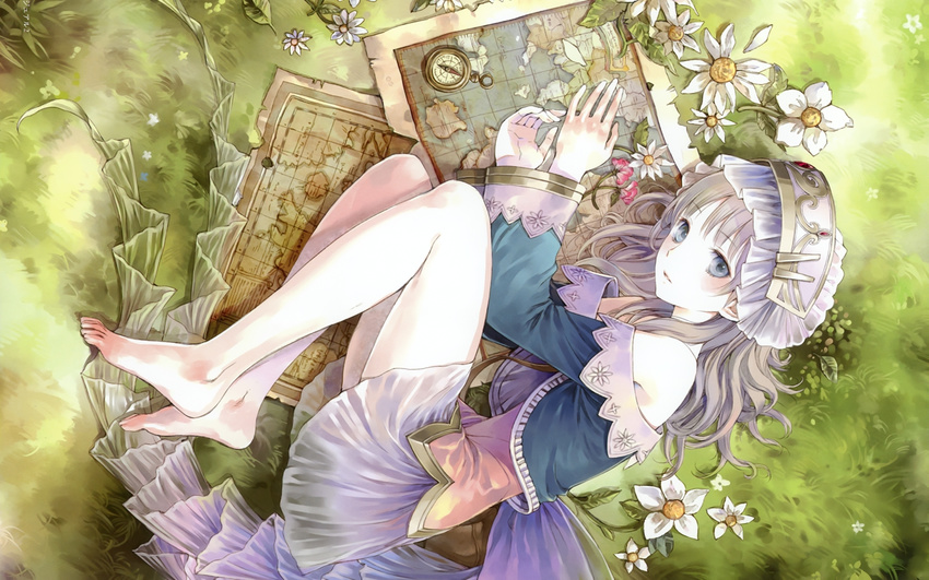 atelier_(series) atelier_totori barefoot blue_sleeves brown_hair flower grass hair_ornament kishida_mel long_hair looking_at_viewer map official_art one_eye_closed outdoors solo totooria_helmold wallpaper