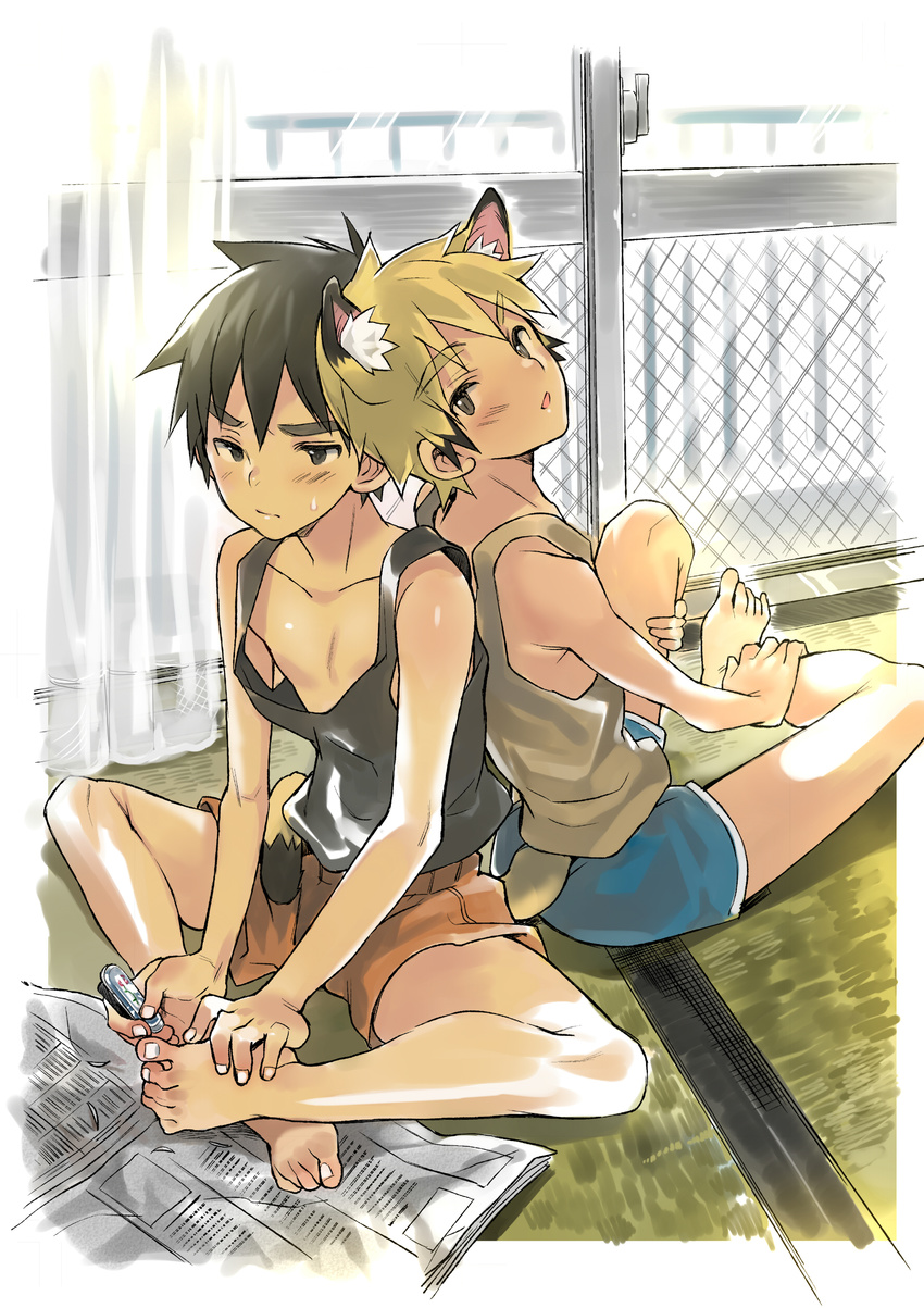 absurdres animal_ears black_hair blonde_hair blush brown_eyes cat_ears cat_tail coin_rand full_body highres male_focus multiple_boys nail_clippers neko_otouto newspaper open_mouth original shorts smile sweat tail tank_top