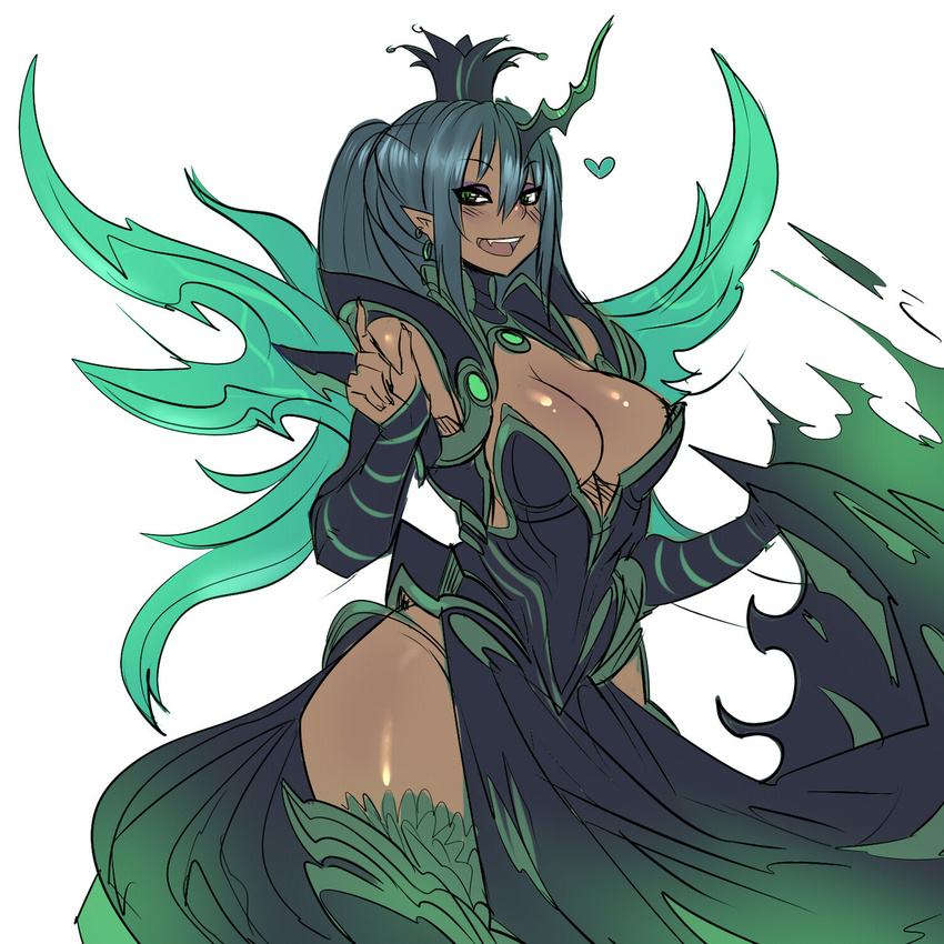 1girl blue_hair blush breasts cleavage cleavage_cutout dark_skin detached_sleeves earrings eyeshadow fang green_eyes highres horn jewelry large_breasts long_hair makeup maniacpaint my_little_pony my_little_pony_friendship_is_magic open_mouth personification pointy_ears ponytail queen_chrysalis smile solo thighhighs wings