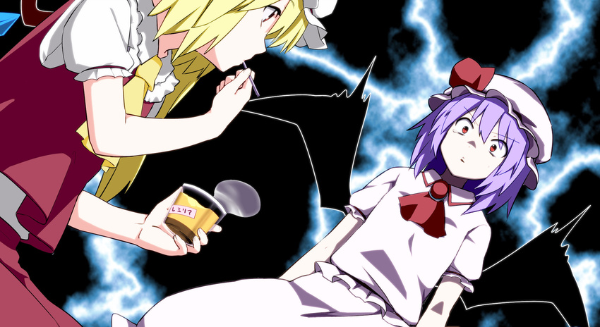 ascot bat_wings flandre_scarlet food hat highres leon_(mikiri_hassha) long_hair multiple_girls pudding purple_hair red_eyes remilia_scarlet short_hair side_ponytail tears touhou wings