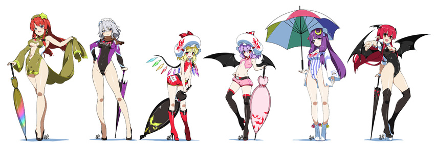 :d alternate_costume bare_hips bare_legs bat_wings between_breasts blonde_hair blue_eyes blush boots braid breasts chinese_clothes cleavage cleavage_cutout closed_umbrella covered_navel crescent crossed_legs demon_wings detached_sleeves double_bun flandre_scarlet flat_chest floating floating_object green_leotard groin hair_ribbon hat head_wings high_heels highleg highleg_leotard holding hong_meiling hyouju_issei izayoi_sakuya koakuma large_breasts legs leotard long_hair looking_at_viewer maid maid_headdress midriff multiple_girls navel necktie no_hat no_headwear open_mouth outstretched_arm outstretched_hand patchouli_knowledge planted_umbrella pointy_ears purple_eyes purple_hair race_queen red_eyes red_hair remilia_scarlet revision ribbon scarf shoes short_hair shorts silver_hair simple_background skin_tight smile standing star striped thigh_boots thighhighs touhou twin_braids umbrella vertical_stripes watson_cross white_background wings wrist_cuffs yellow_eyes
