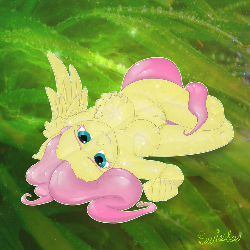 anthro anthrofied big_breasts breasts equine female fluttershy_(mlp) friendship_is_magic green_eyes hair horse looking_at_viewer lying mammal my_little_pony nipples nude on_back pegasus pink_hair pony pussy smile solo swissleos wings