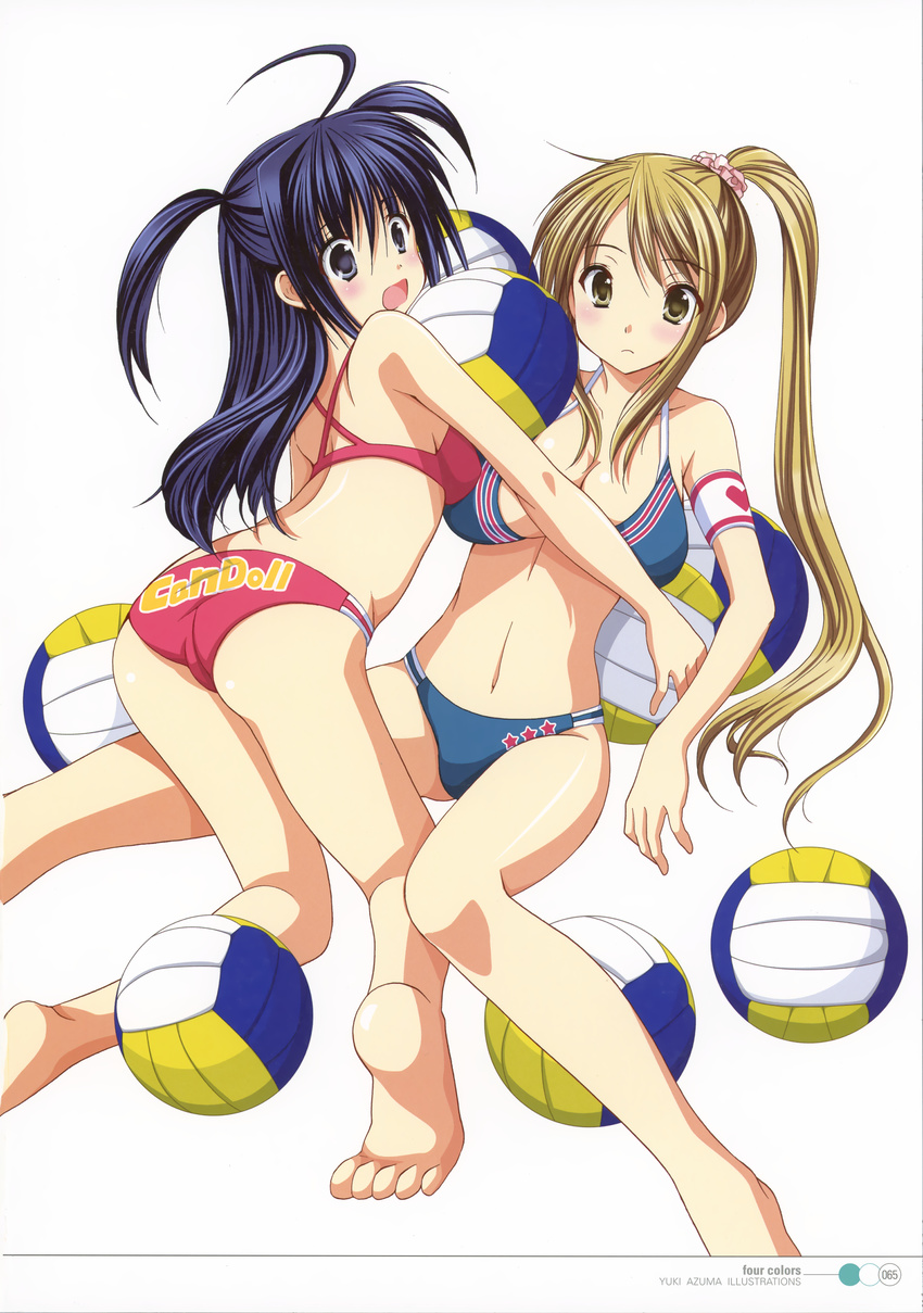 absurdres ahoge armband ass azuma_yuki barefoot bikini blonde_hair blue_eyes blue_hair blush breasts carrying cleavage feet highres large_breasts legs long_hair looking_back multiple_girls open_mouth original ponytail scan shiny shiny_skin swimsuit two_side_up volleyball yellow_eyes