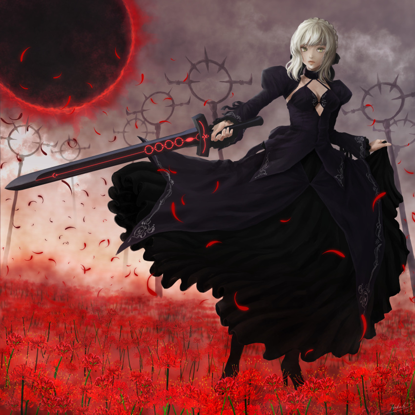 1girl absurdres artoria_pendragon_(all) black_dress black_ribbon black_sun blonde_hair boots braid commentary_request dress fate/grand_order fate/stay_night fate_(series) french_braid full_body gothic_lolita grass hair_bun hakubi_(user_uxpz2833) high_heel_boots high_heels highres holding holding_sword holding_weapon huge_filesize lolita_fashion long_hair long_sleeves red_background ribbon saber saber_alter smoke solo standing sun sword weapon yellow_eyes