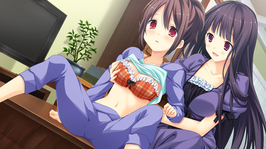 bra breast_grab kanojo_to_ore_to_koibito_to marui mihagino_ayano mihagino_konoka pajama pulltop_latte shirt_lift