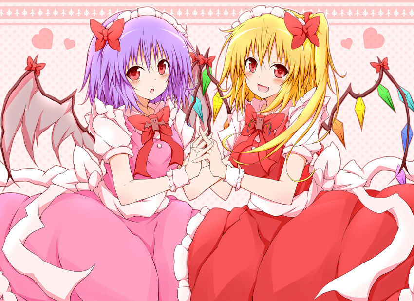 adapted_costume bat bat_wings bow dress fang flandre_scarlet flandre_scarlet_(bat) hair_bow hat heart highres holding_hands karamoneeze looking_at_viewer maid_headdress multiple_girls open_mouth pink_dress polka_dot polka_dot_background purple_hair red_dress red_eyes remilia_scarlet remilia_scarlet_(bat) sash siblings side_ponytail sisters sitting smile thighhighs touhou wing_ribbon wings wrist_cuffs