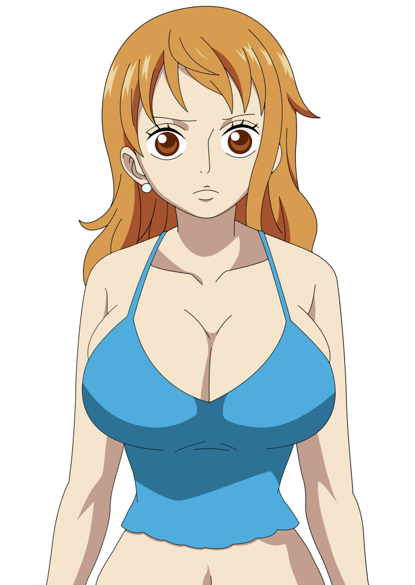 1girl bare_shoulders blue_shirt breasts brown_eyes cleavage female high_resolution large_breasts long_hair looking_at_viewer nami_(one_piece) no_bra one_piece orange_hair shirt solo tank_top third-party_edit third_party_edit upper_body