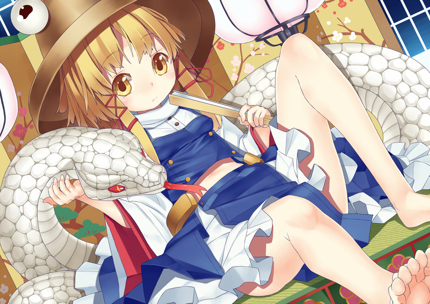 bare_legs barefoot blonde_hair closed_fan fan feet folding_fan giant_snake hair_ribbon hat leg_up long_hair long_sleeves midriff mikan_(bananoha) mishaguji moriya_suwako ribbon shirt sitting skirt skirt_set solo toes touhou vest wide_sleeves yellow_eyes