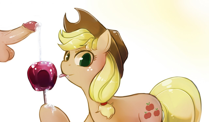 apple applejack_(mlp) blonde_hair cowboy_hat cum cum_drip cum_on_food cumshot cutie_mark dripping equine female feral food freckles freedomthai friendship_is_magic fruit green_eyes hair hat horse licking looking_at_viewer male mammal my_little_pony orgasm penis pony straight tongue tongue_out