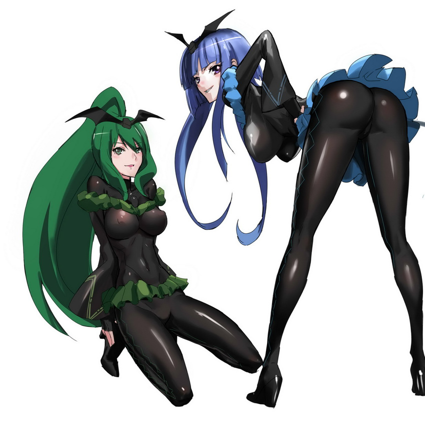 ass bad_end_beauty bad_end_march bad_end_precure bent_over black_bodysuit blue_eyes blue_hair blue_skirt blush bodysuit breasts covered_nipples dark_persona fingerless_gloves gloves green_eyes green_hair grin hand_on_hip hanging_breasts high_heels highres kneeling large_breasts latex long_hair looking_at_viewer looking_back makacoon medium_breasts multiple_girls ponytail precure see-through shoes sidelocks simple_background skin_tight skirt smile smile_precure! smirk tiara very_long_hair white_background