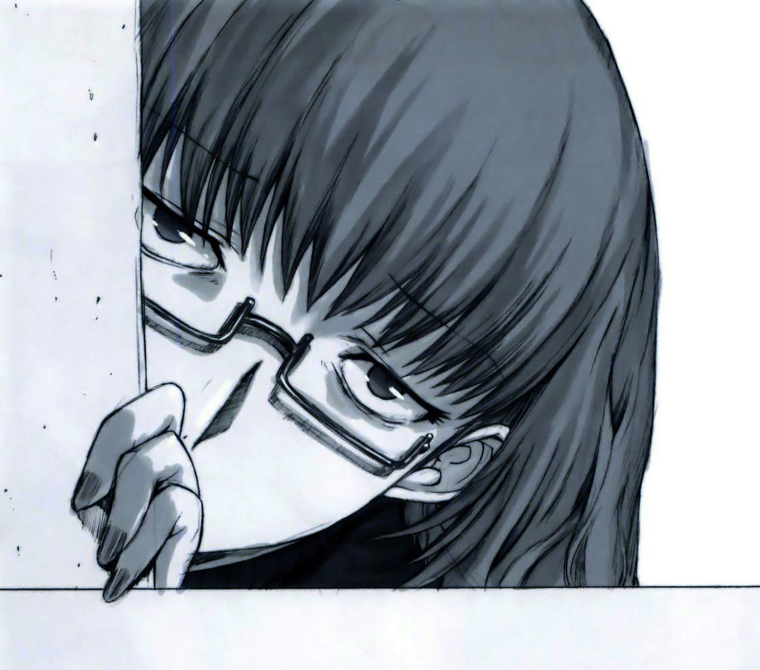 bags_under_eyes catherine_(game) cropped doujinshi face glasses greyscale jitome katherine_mcbride kino_hitoshi long_hair monochrome non-web_source peeking_out scan scan_artifacts semi-rimless_eyewear solo under-rim_eyewear yandere