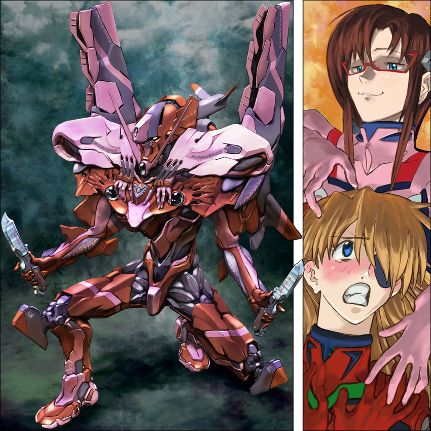 blonde_hair blue_eyes blush brown_hair covering covering_chest embarrassed evangelion:_3.0_you_can_(not)_redo eyepatch gattai german glasses hands_on_another's_chest highres igunuk kneeling knife long_hair makinami_mari_illustrious mecha multiple_girls naughty_face neon_genesis_evangelion parody plugsuit ranguage rebuild_of_evangelion riding scared science_fiction shikinami_asuka_langley smile souryuu_asuka_langley translated you_gonna_get_raped yuri